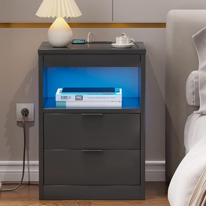 Table de chevet à 2 tiroirs avec LED et station de charge sans fil, étagère coulissante