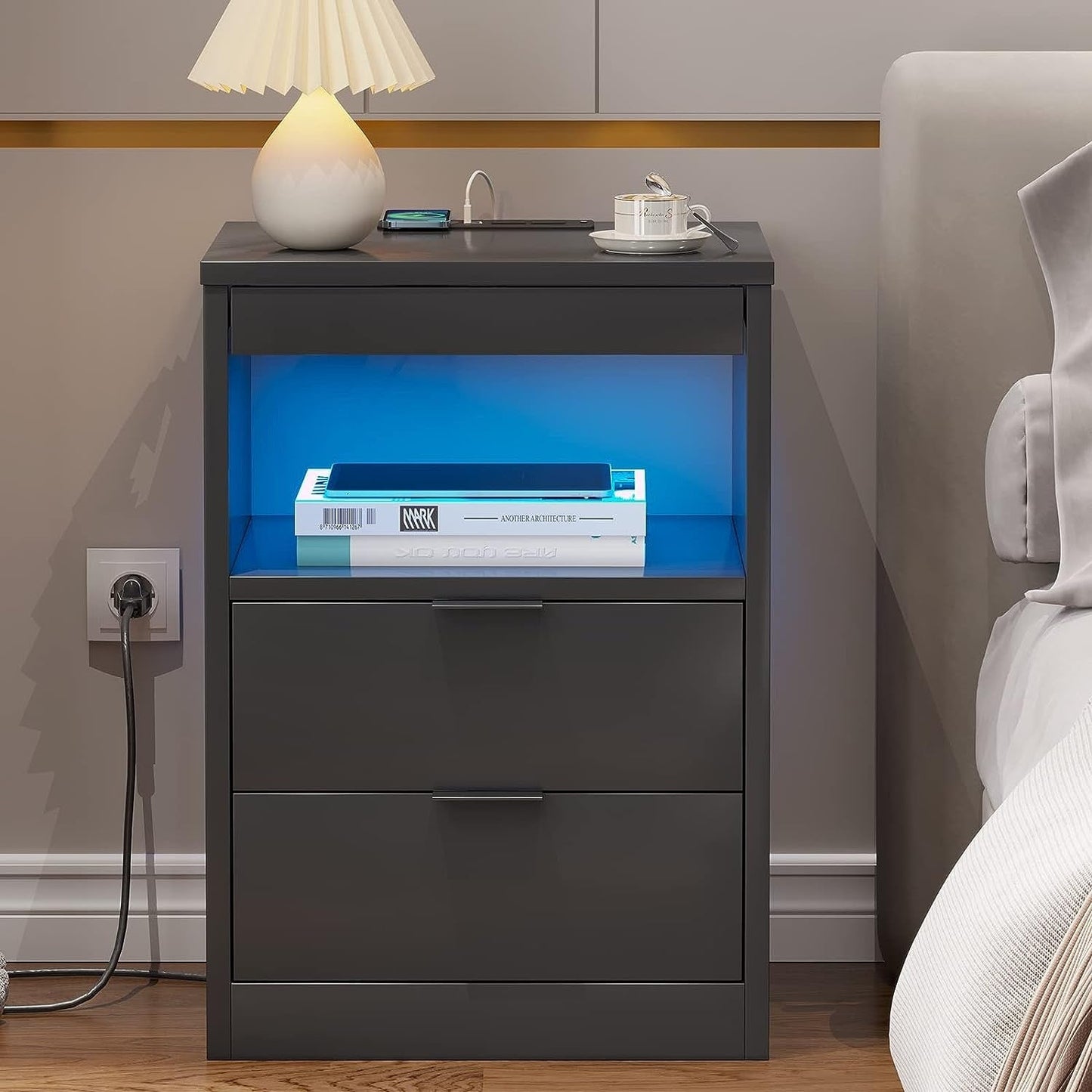 Table de chevet à 2 tiroirs avec LED et station de charge sans fil, étagère coulissante