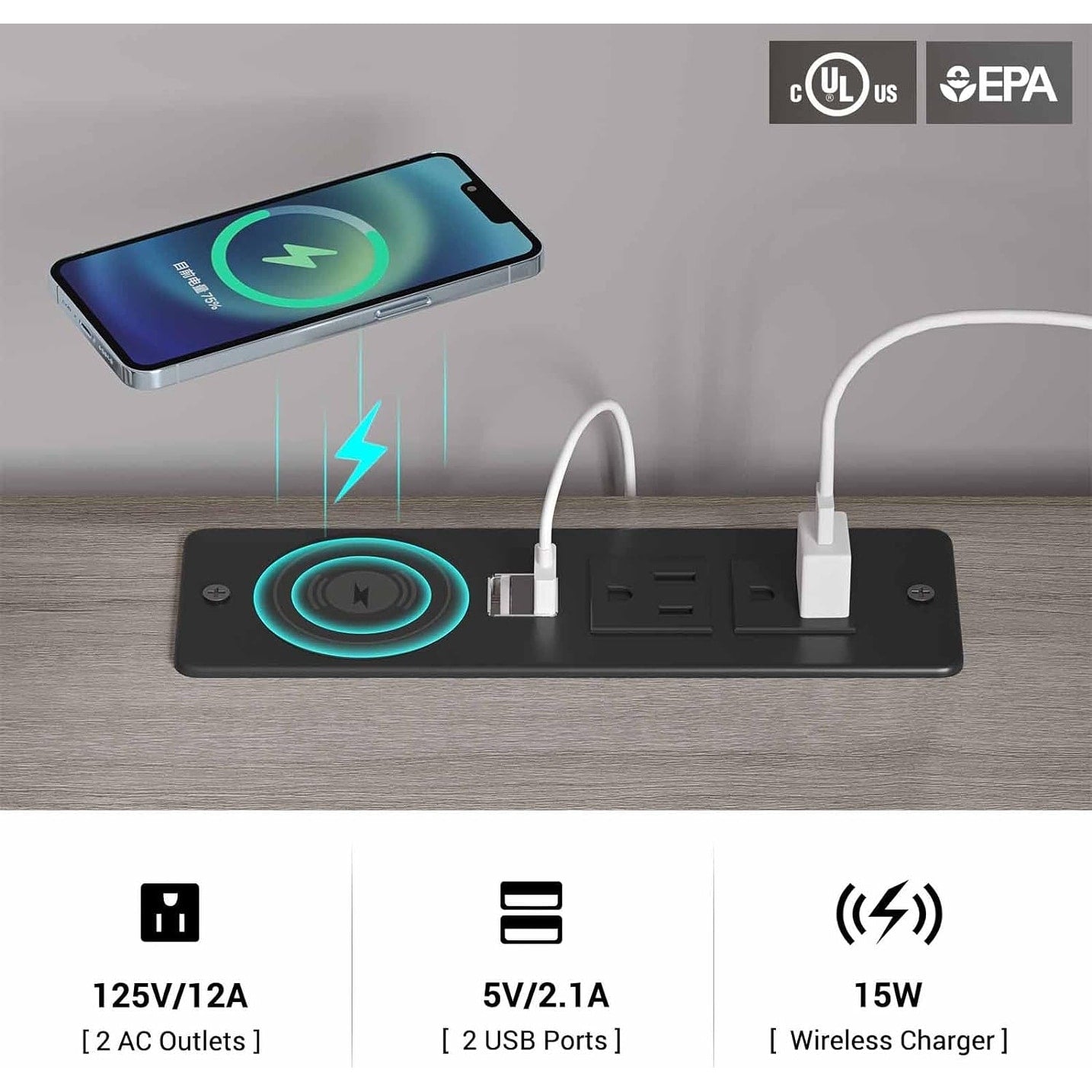 Table de chevet à 2 tiroirs avec LED et station de charge sans fil, étagère coulissante