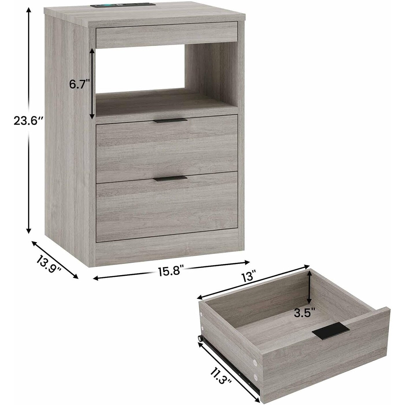 Table de chevet à 2 tiroirs avec LED et station de charge sans fil, étagère coulissante