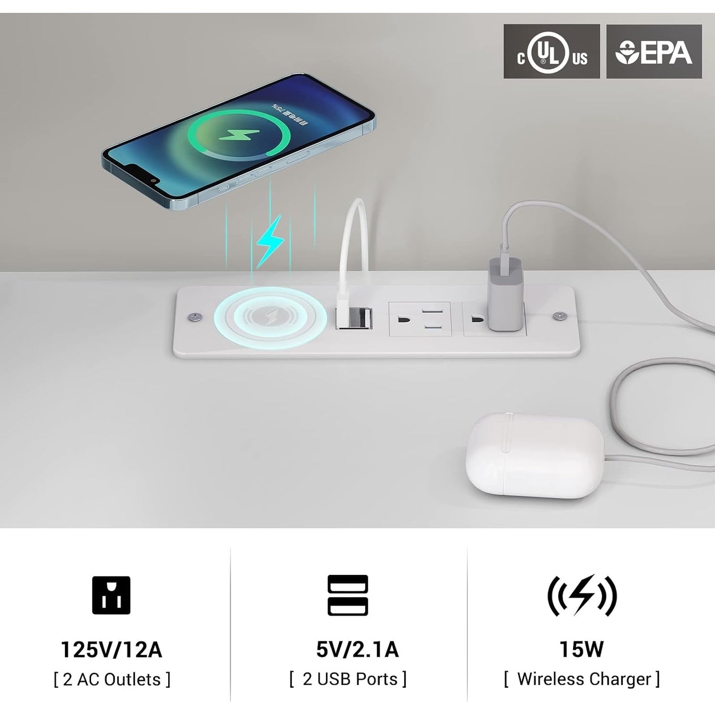 Table de chevet à 2 tiroirs avec LED et station de charge sans fil, étagère coulissante