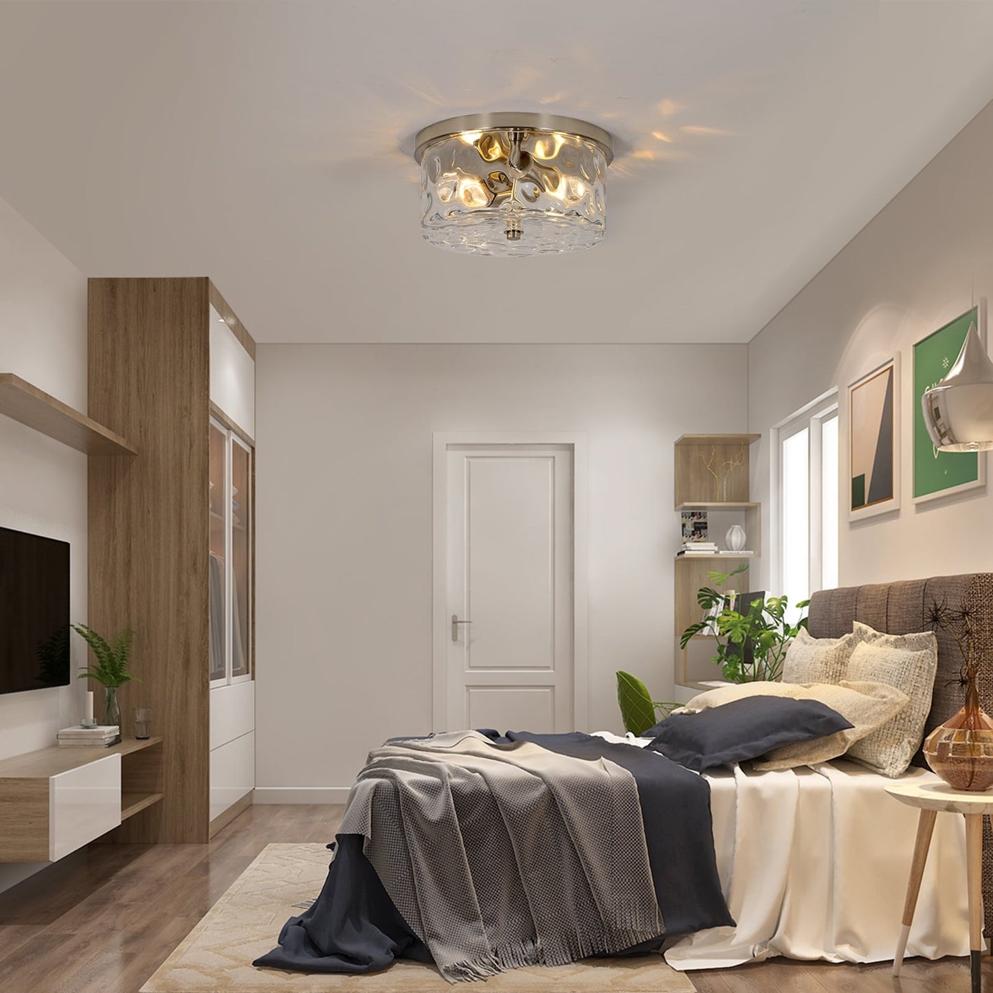 Plafonnier encastré à 2 lumières avec verre martelé transparent