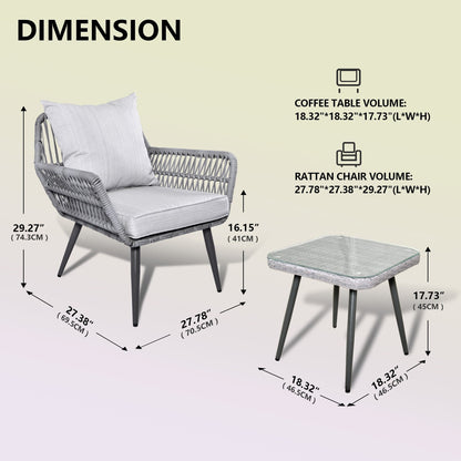 Ensemble de meubles de patio 3 pièces, petit ensemble de bistrot d'extérieur en osier et rotin, chaises de patio, ensemble de conversation avec table en verre