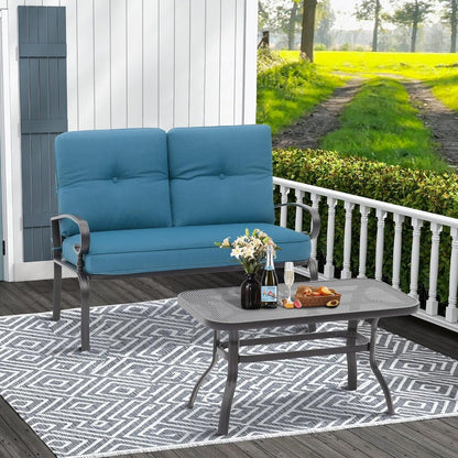 Ensemble de 2 bancs de jardin et table basse ronde pour terrasse extérieure