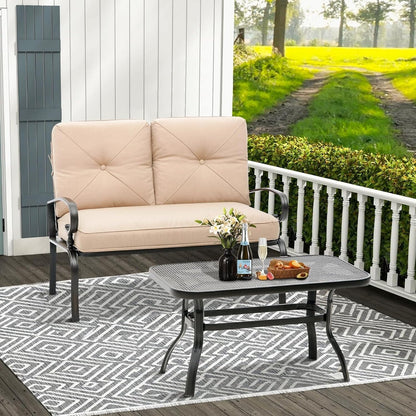 Ensemble de 2 bancs de jardin et table basse ronde pour terrasse extérieure