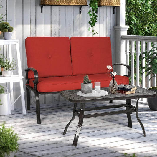 Ensemble de 2 bancs de jardin et table basse ronde pour terrasse extérieure