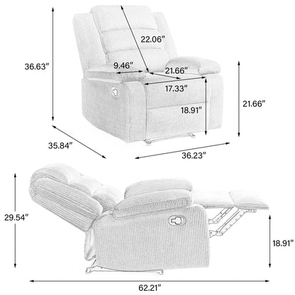 Lot de 2 fauteuils inclinables manuels modernes en velours côtelé, fauteuil d'appoint surdimensionné avec accoudoirs larges