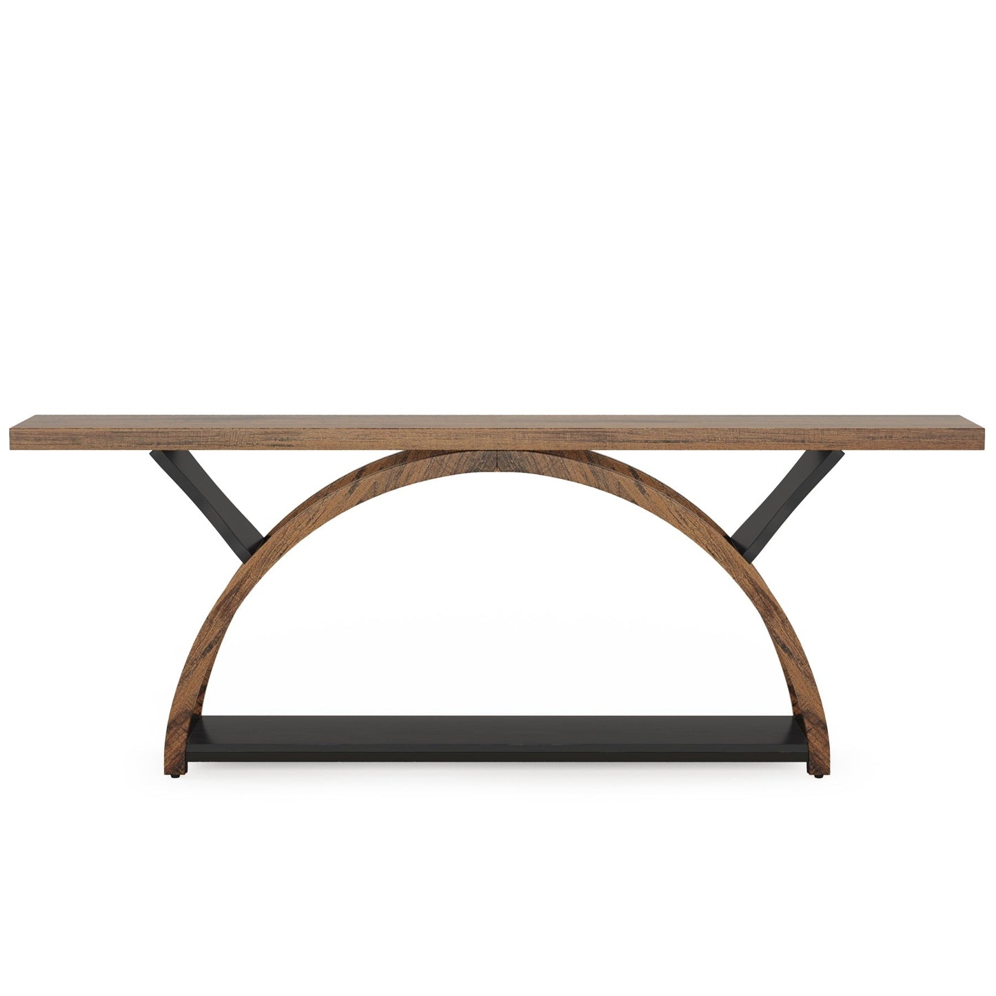 Console étroite à deux niveaux avec cadre semi-circulaire pour entrée, tables d'appoint grises pour couloir