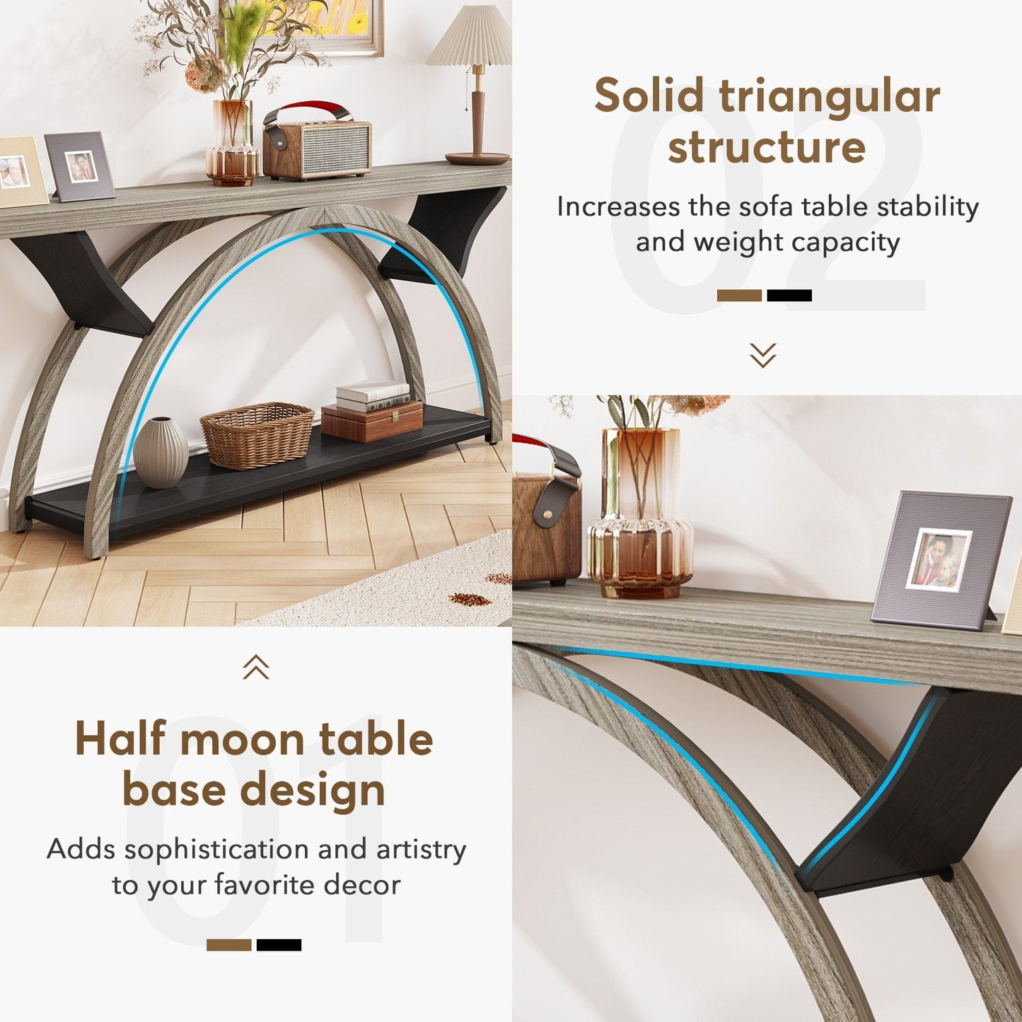 Console étroite à deux niveaux avec cadre semi-circulaire pour entrée, tables d'appoint grises pour couloir