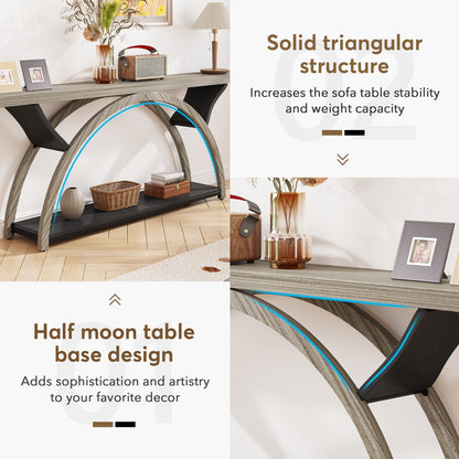 Console étroite à deux niveaux avec cadre semi-circulaire pour entrée, tables d'appoint grises pour couloir