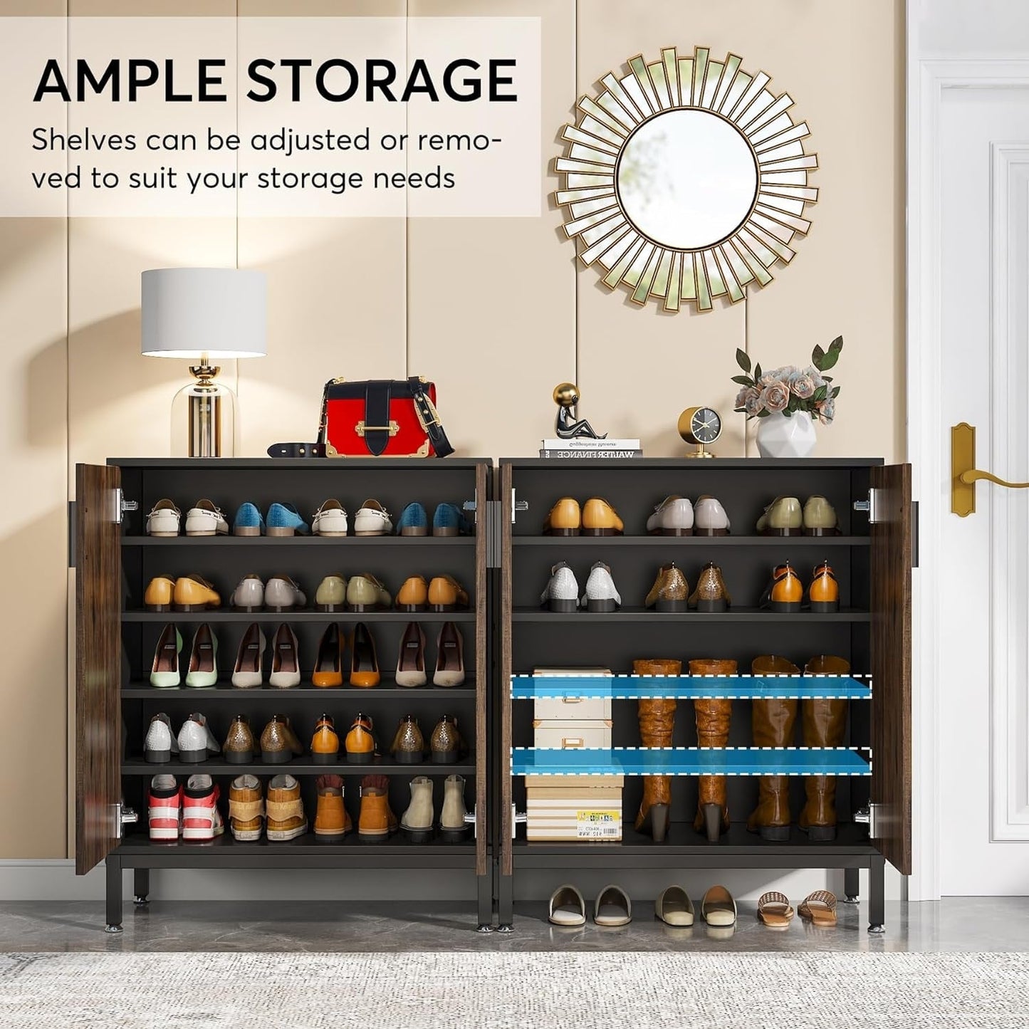 Meuble à chaussures moderne avec portes, 20 paires, 95 cm, blanc et doré