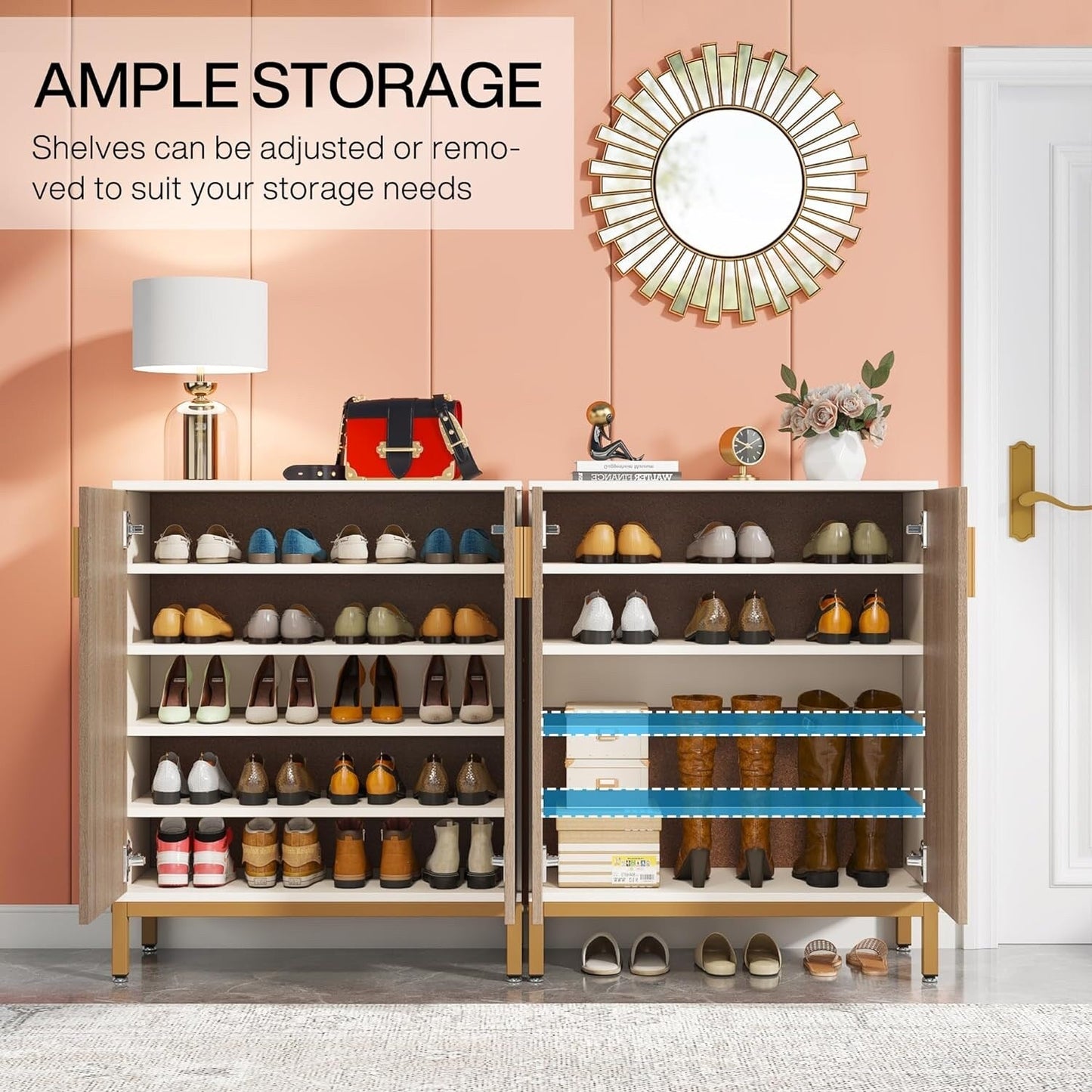 Meuble à chaussures moderne avec portes, 20 paires, 95 cm, blanc et doré