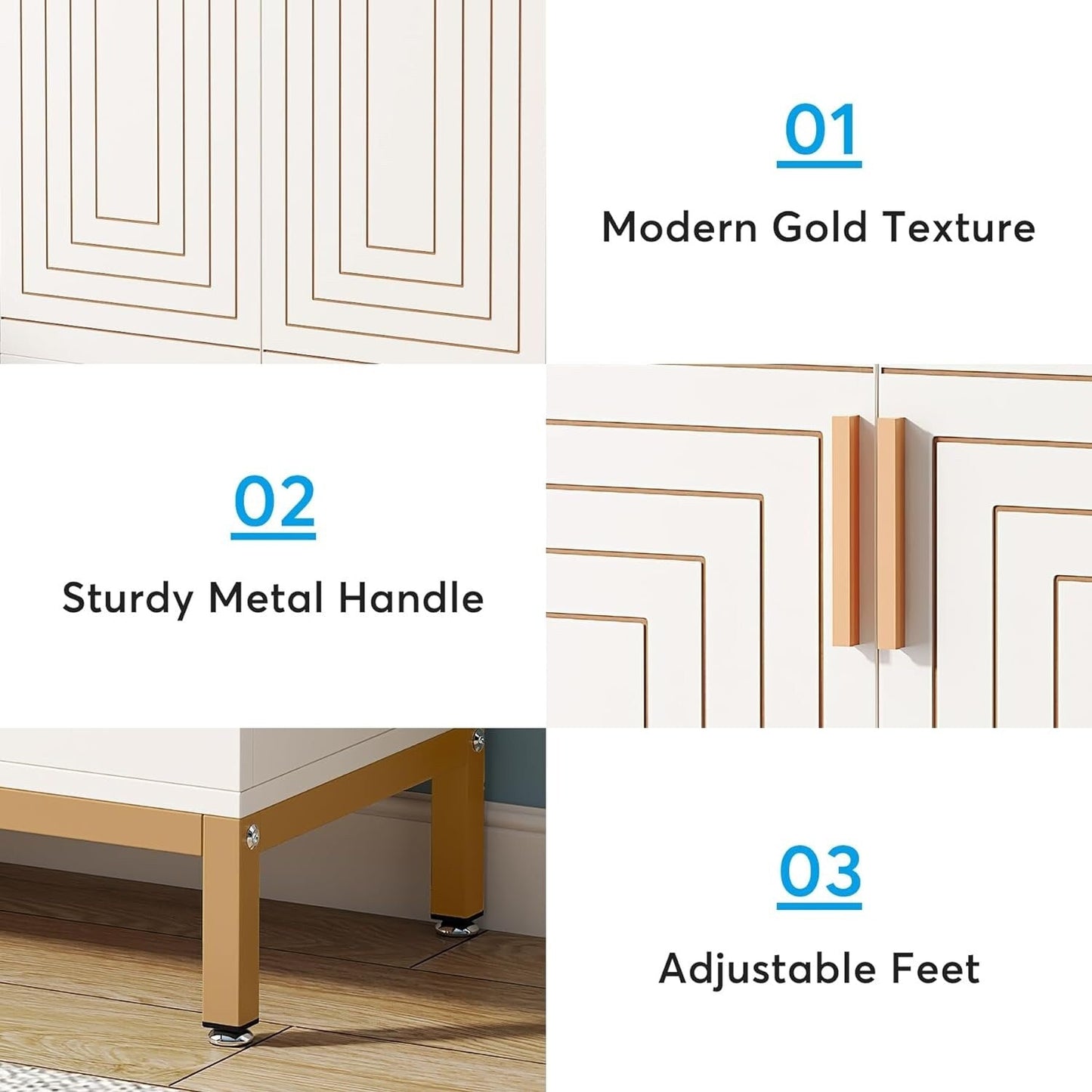 Meuble à chaussures moderne avec portes, 20 paires, 95 cm, blanc et doré