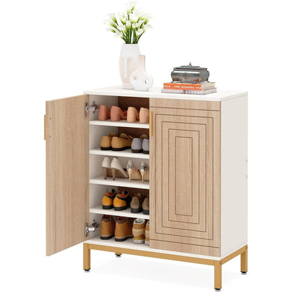 Meuble à chaussures moderne avec portes, 20 paires, 95 cm, blanc et doré