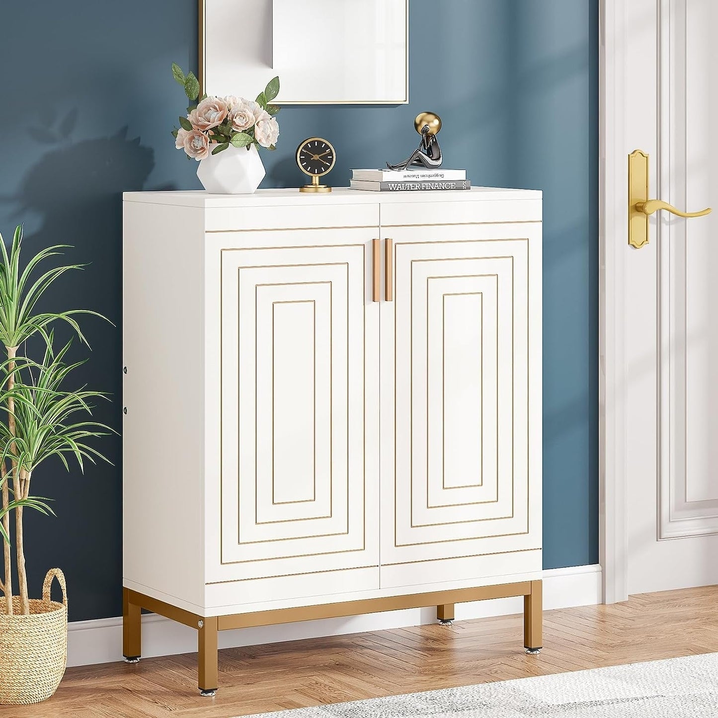 Meuble à chaussures moderne avec portes, 20 paires, 95 cm, blanc et doré