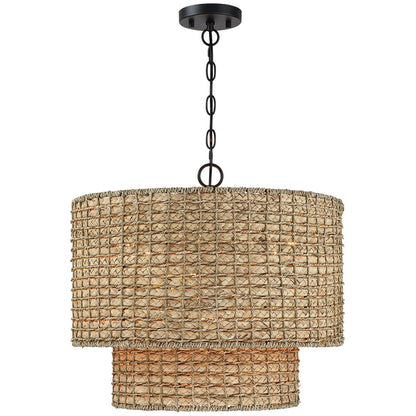 Suspension tambour traditionnelle en rotin naturel à 4 lumières avec auvent noir - Noir/terre - 50,8 cm de largeur