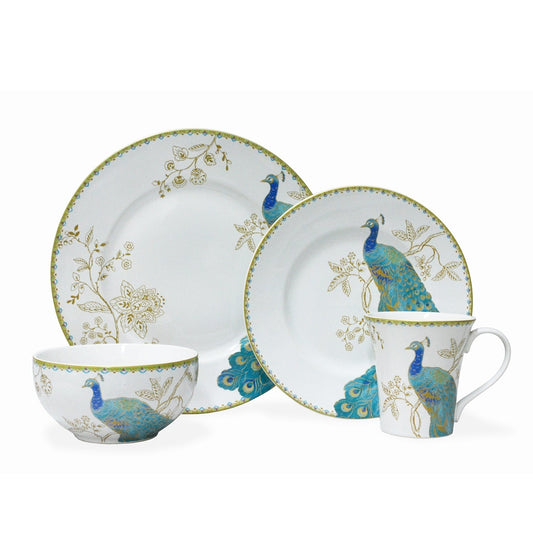 Service de table 16 pièces en porcelaine 222 Fifth Peacock Garden, avec assiettes rondes, bols et tasses, blanc