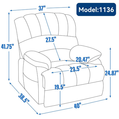 Fauteuil inclinable électrique de grande taille, largeur d'assise 23, dossier haut, en chenille bleu gris, avec massage par vibrations à 8 points