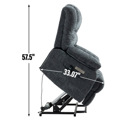 Fauteuil inclinable électrique de grande taille, largeur d'assise 23, dossier haut, en chenille bleu gris, avec massage par vibrations à 8 points