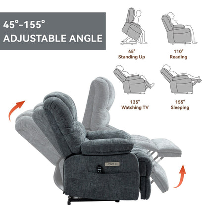 Fauteuil inclinable électrique de grande taille, largeur d'assise 23, dossier haut, en chenille bleu gris, avec massage par vibrations à 8 points