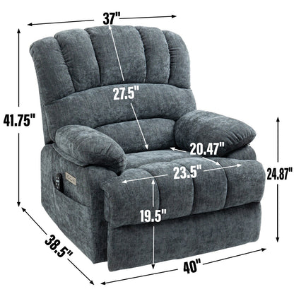 Fauteuil inclinable électrique de grande taille, largeur d'assise 23, dossier haut, en chenille bleu gris, avec massage par vibrations à 8 points