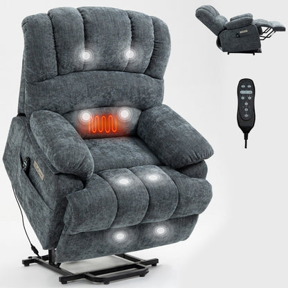 Fauteuil inclinable électrique de grande taille, largeur d'assise 23, dossier haut, en chenille bleu gris, avec massage par vibrations à 8 points