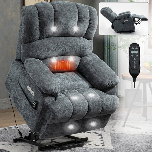 Fauteuil inclinable électrique de grande taille en chenille avec largeur d'assise de 23 pouces et dossier haut, massage par vibration à 8 points et chauffage lombaire