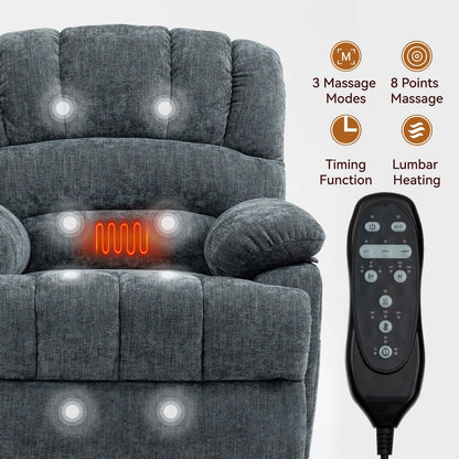 Fauteuil inclinable électrique de grande taille en chenille avec largeur d'assise de 23 pouces et dossier haut, massage par vibration à 8 points et chauffage lombaire