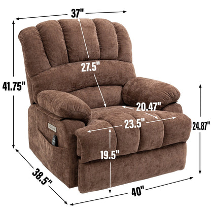 Fauteuil inclinable électrique de grande taille en chenille avec largeur d'assise de 23 pouces et dossier haut, massage par vibration à 8 points et chauffage lombaire