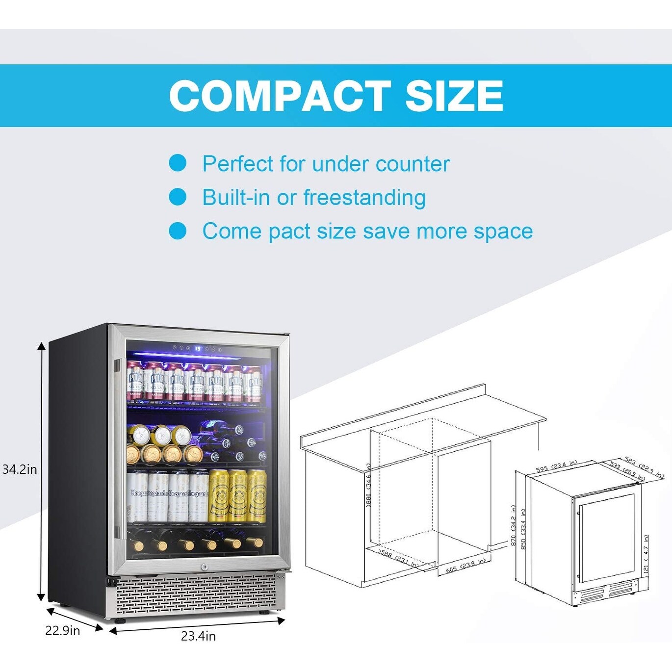 Réfrigérateur à boissons 24 pouces, refroidisseur à vin intégré, mini-réfrigérateur