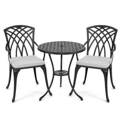 Table de bistrot en fonte d'aluminium de 24 pouces et 2 chaises de bistrot avec coussins gris - Table ronde de 24 pouces