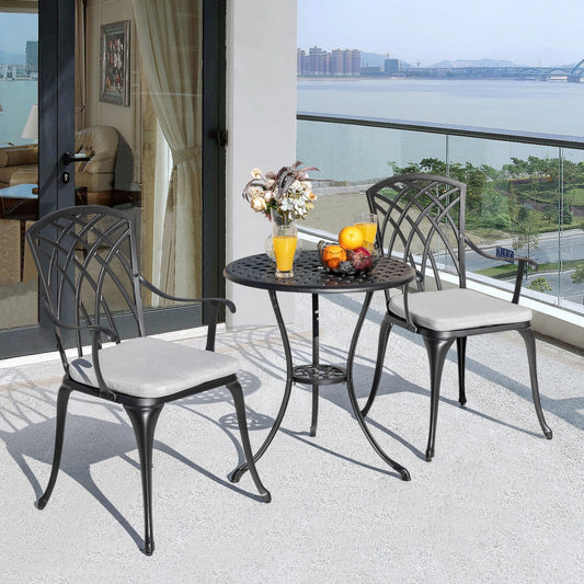 Table de bistrot en fonte d'aluminium de 24 pouces et 2 chaises de bistrot avec coussins gris - Table ronde de 24 pouces