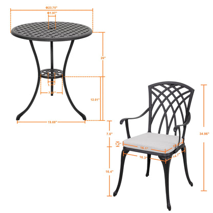 Table de bistrot en fonte d'aluminium de 24 pouces et 2 chaises de bistrot avec coussins gris - Table ronde de 24 pouces