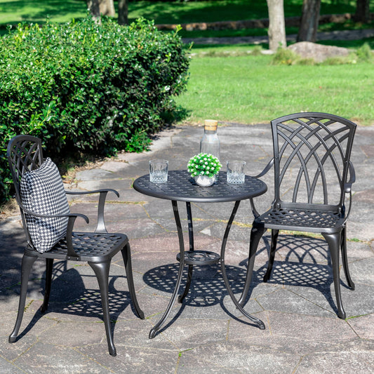 Ensemble bistro 3 pièces pour terrasse extérieure, table bistro de 61 cm en fonte d'aluminium avec trou pour parasol et 2 chaises bistro.