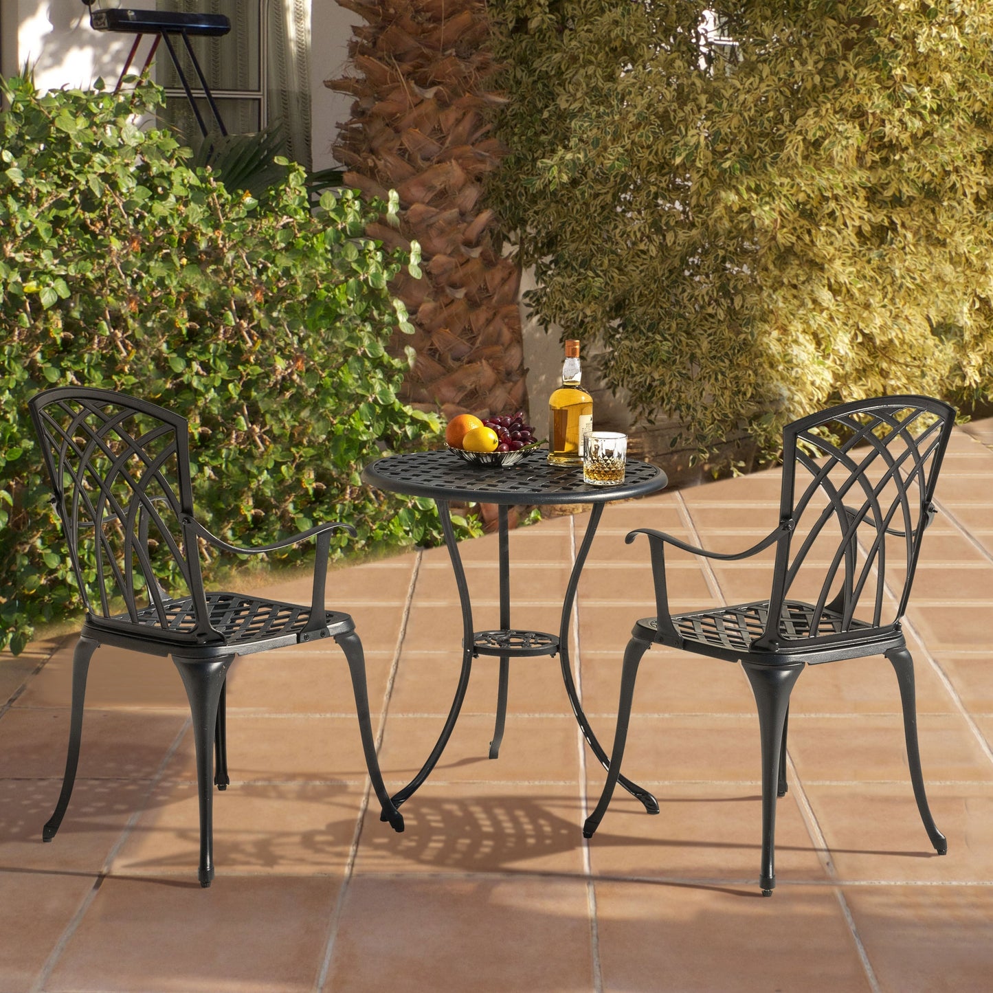 Ensemble bistro 3 pièces pour terrasse extérieure, table bistro de 61 cm en fonte d'aluminium avec trou pour parasol et 2 chaises bistro.
