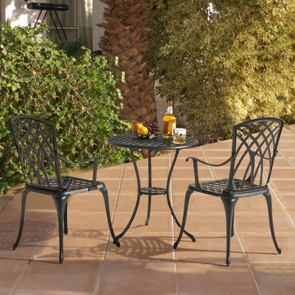 Ensemble bistro 3 pièces pour terrasse extérieure, table bistro de 61 cm en fonte d'aluminium avec trou pour parasol et 2 chaises bistro.