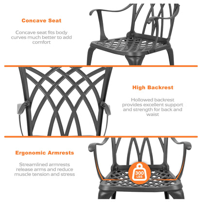 Ensemble bistro 3 pièces pour terrasse extérieure, table bistro de 61 cm en fonte d'aluminium avec trou pour parasol et 2 chaises bistro.