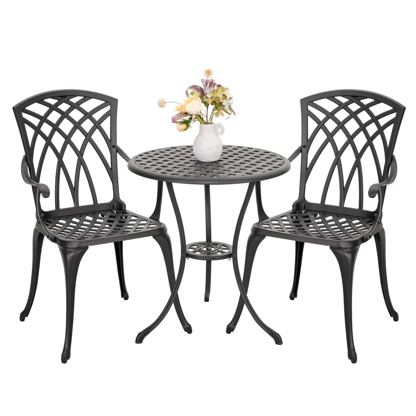 Ensemble bistro 3 pièces pour terrasse extérieure, table bistro de 61 cm en fonte d'aluminium avec trou pour parasol et 2 chaises bistro.