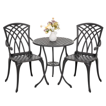 Ensemble bistro 3 pièces pour terrasse extérieure, table bistro de 61 cm en fonte d'aluminium avec trou pour parasol et 2 chaises bistro.