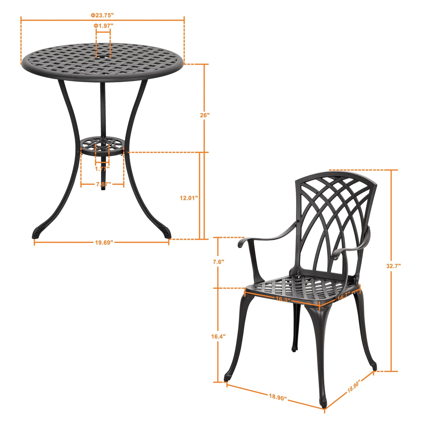 Ensemble bistro 3 pièces pour terrasse extérieure, table bistro de 61 cm en fonte d'aluminium avec trou pour parasol et 2 chaises bistro.