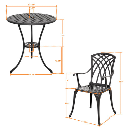 Ensemble bistro 3 pièces pour terrasse extérieure, table bistro de 61 cm en fonte d'aluminium avec trou pour parasol et 2 chaises bistro.
