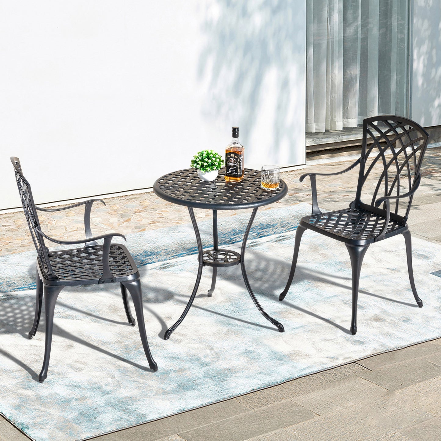 Ensemble bistro 3 pièces pour terrasse extérieure, table bistro de 61 cm en fonte d'aluminium avec trou pour parasol et 2 chaises bistro.
