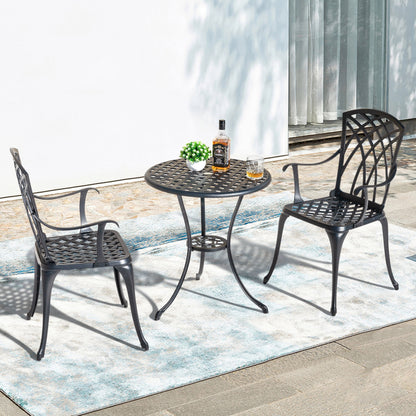 Ensemble bistro 3 pièces pour terrasse extérieure, table bistro de 61 cm en fonte d'aluminium avec trou pour parasol et 2 chaises bistro.