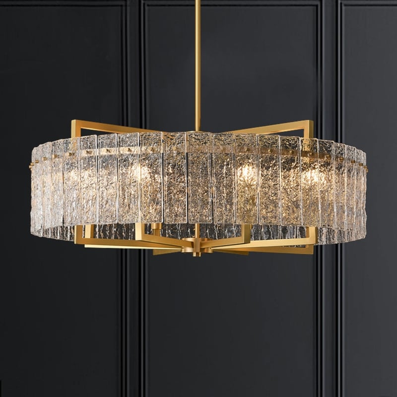 Lustre tambour moderne en cristal doré de 26 po, 6 lumières, à intensité variable, style glamour, pour îlot de cuisine avec verre dépoli, pour salle à manger