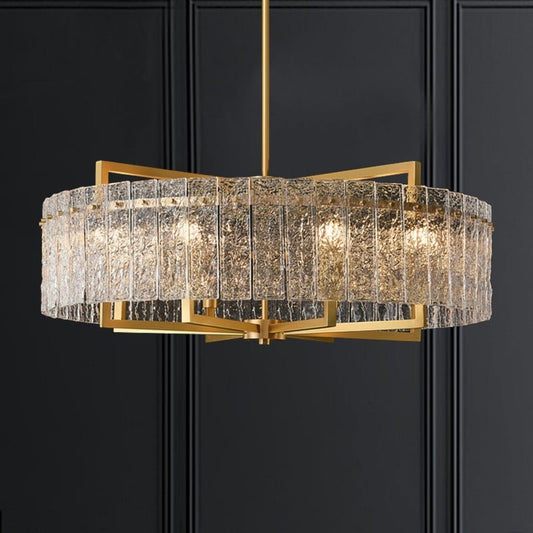 Lustre tambour moderne en cristal doré de 26 po, 6 lumières, à intensité variable, style glamour, pour îlot de cuisine avec verre dépoli, pour salle à manger