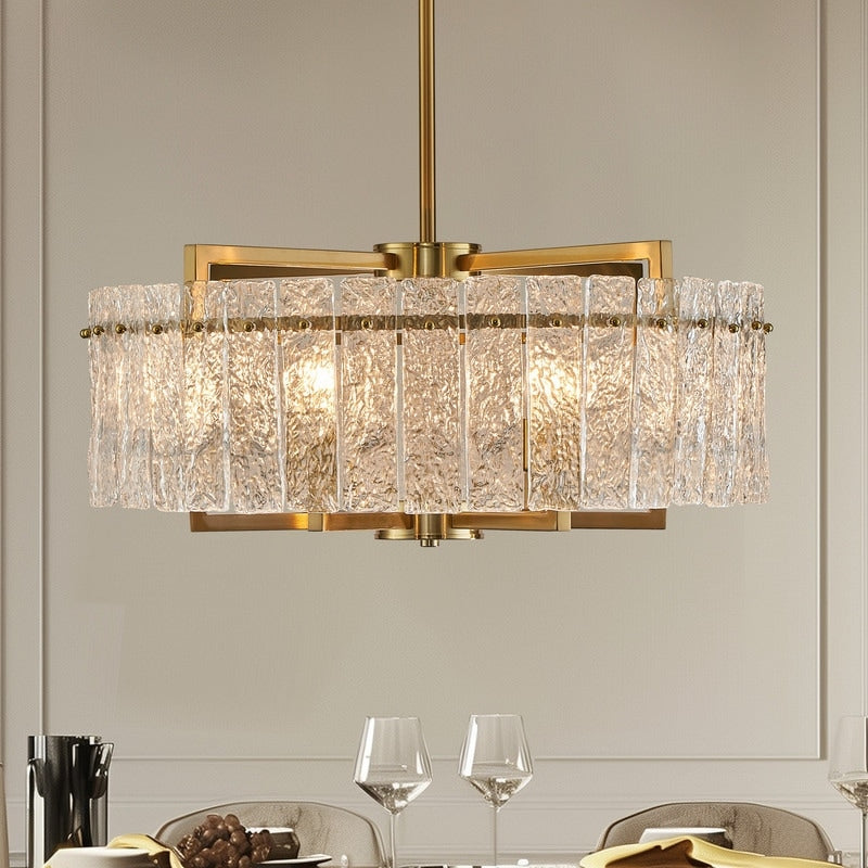 Lustre tambour moderne en cristal doré de 26 po, 6 lumières, à intensité variable, style glamour, pour îlot de cuisine avec verre dépoli, pour salle à manger
