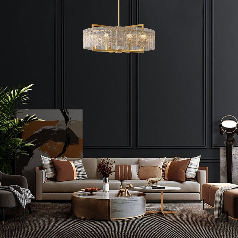 Lustre tambour moderne en cristal doré de 26 po, 6 lumières, à intensité variable, style glamour, pour îlot de cuisine avec verre dépoli, pour salle à manger