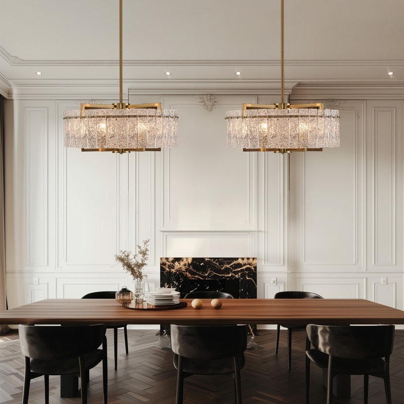 Lustre tambour moderne en cristal doré de 26 po, 6 lumières, à intensité variable, style glamour, pour îlot de cuisine avec verre dépoli, pour salle à manger