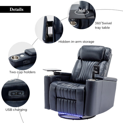 Fauteuil inclinable pivotant à 270°, siège home cinéma avec rangement dissimulé pour les accoudoirs, bande lumineuse LED et porte-gobelet