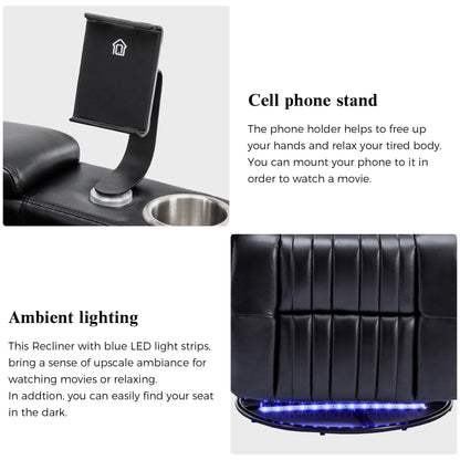 Fauteuil inclinable pivotant à 270°, siège home cinéma avec rangement dissimulé pour les accoudoirs, bande lumineuse LED et porte-gobelet